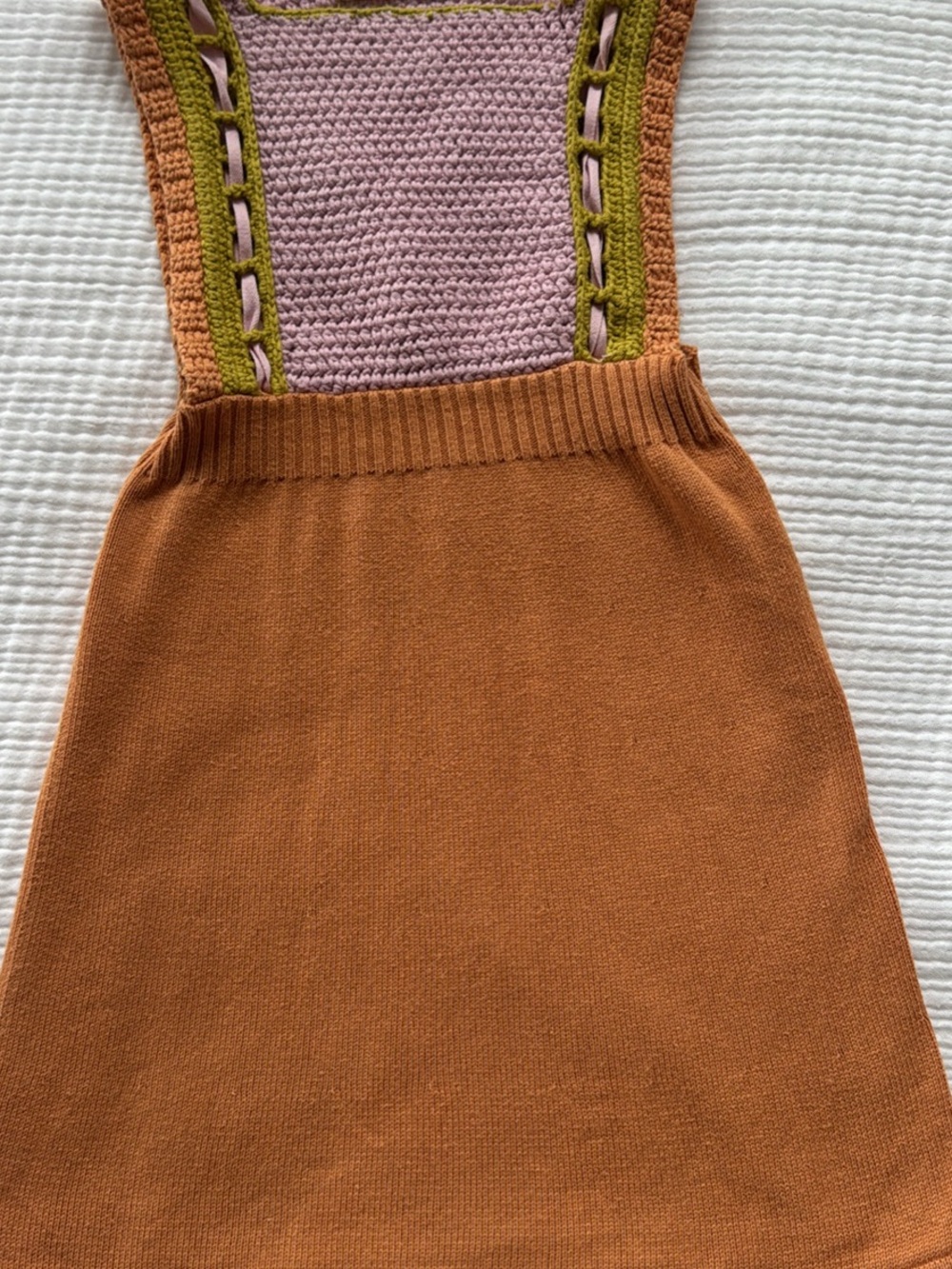Misha And Puff Rust Orange Pinafore with Lilac and Olive Knit Bib